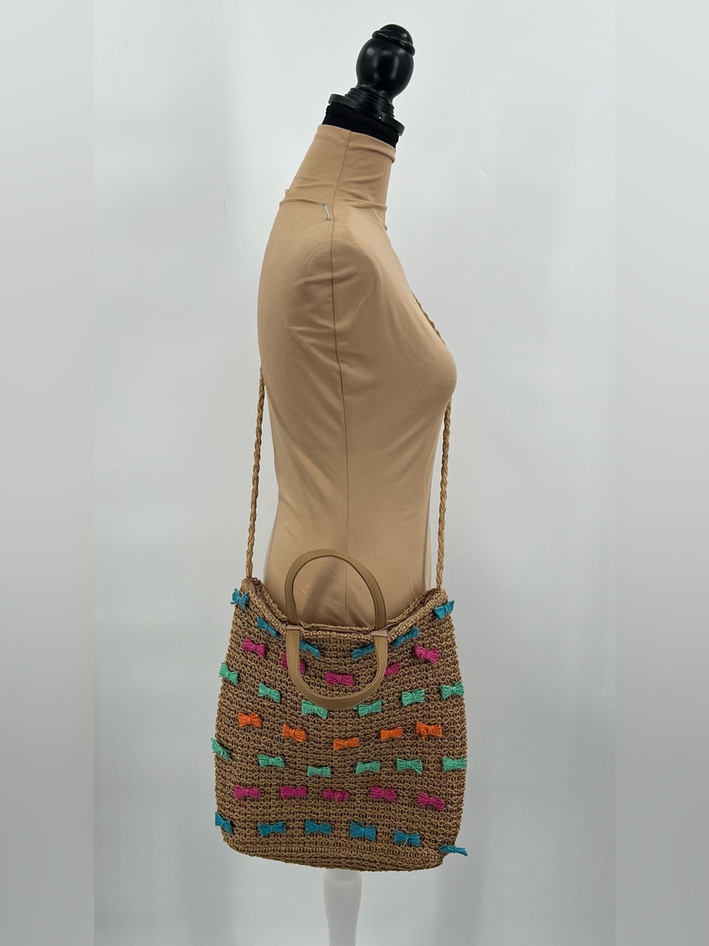 Raffia woven straw colorful Bow Tote Beach Bag euro summer coastal vacation - Picture 2 of 16
